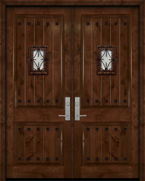 WDMA 84x96 Door (7ft by 8ft) Exterior Knotty Alder 42in x 96in Double 2 Panel V-Grooved Estancia Alder Door with Speakeasy / Clavos 1