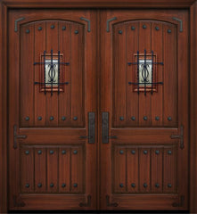 WDMA 84x96 Door (7ft by 8ft) Exterior Mahogany 42in x 96in Double 2 Panel Arch V-Groove Door with Speakeasy Straps / Clavos 1