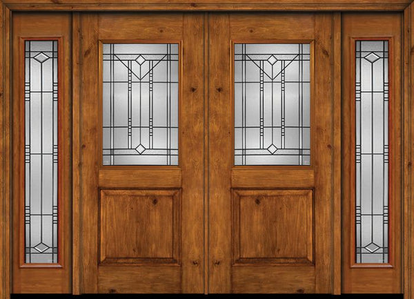 WDMA 88x80 Door (7ft4in by 6ft8in) Exterior Cherry Alder Rustic Plain Panel 1/2 Lite Double Entry Door Sidelights Full Lite Riverwood Glass 1