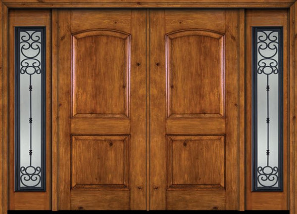 WDMA 88x80 Door (7ft4in by 6ft8in) Exterior Knotty Alder Alder Rustic Plain Panel Double Entry Door Sidelights Belle Meade Glass 1