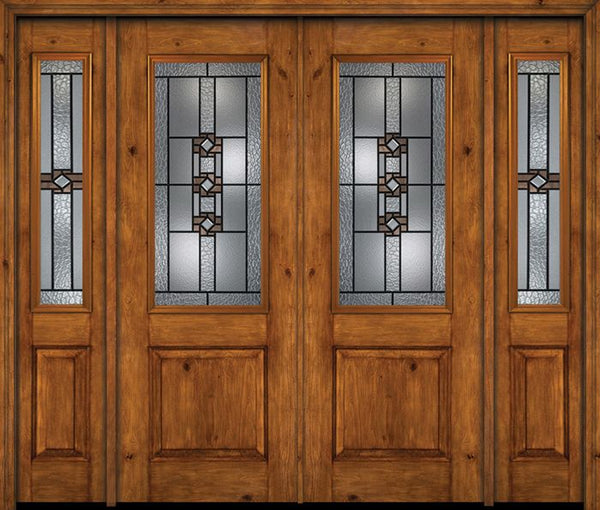 WDMA 88x96 Door (7ft4in by 8ft) Exterior Knotty Alder 96in Alder Rustic Plain Panel 2/3 Lite Double Entry Door Sidelights Mission Ridge Glass 1