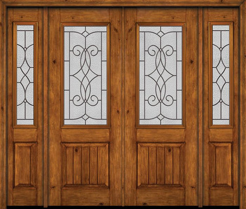 WDMA 88x96 Door (7ft4in by 8ft) Exterior Knotty Alder 96in Alder Rustic V-Grooved Panel 2/3 Lite Double Entry Door Sidelights Ashbury Glass 1