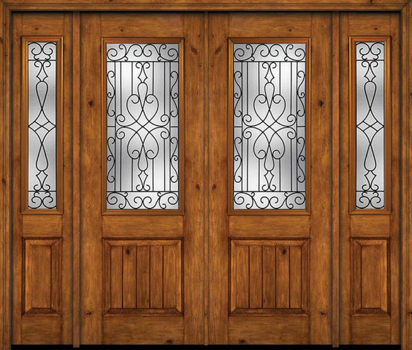 WDMA 88x96 Door (7ft4in by 8ft) Exterior Knotty Alder 96in Alder Rustic V-Grooved Panel 2/3 Lite Double Entry Door Sidelights Wyngate Glass 1